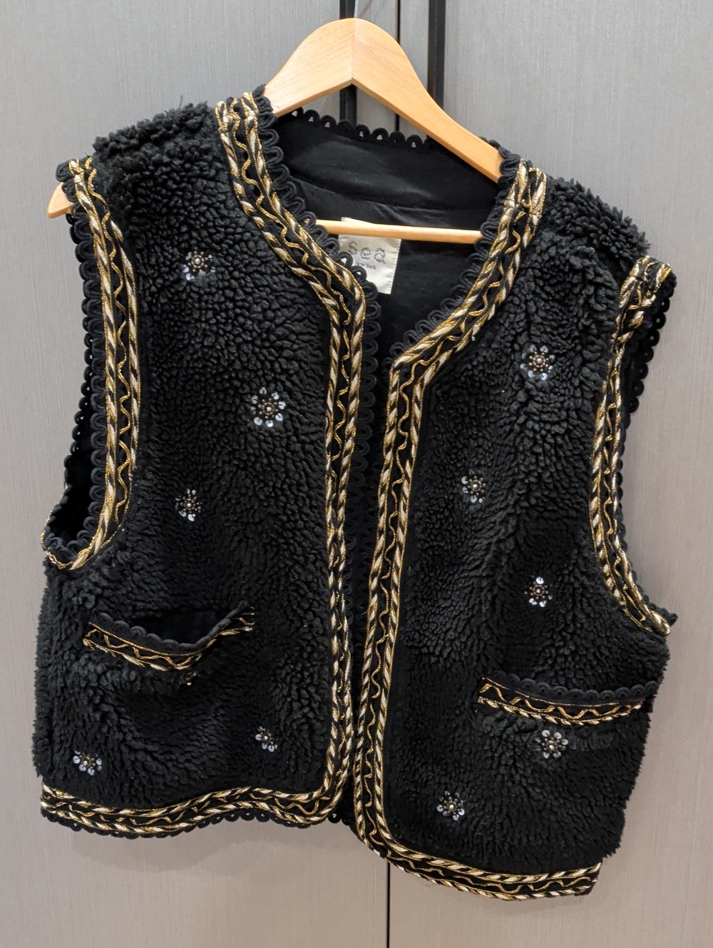 Sea New York Black Sherpa Vest with Gold Braid Trim Beaded